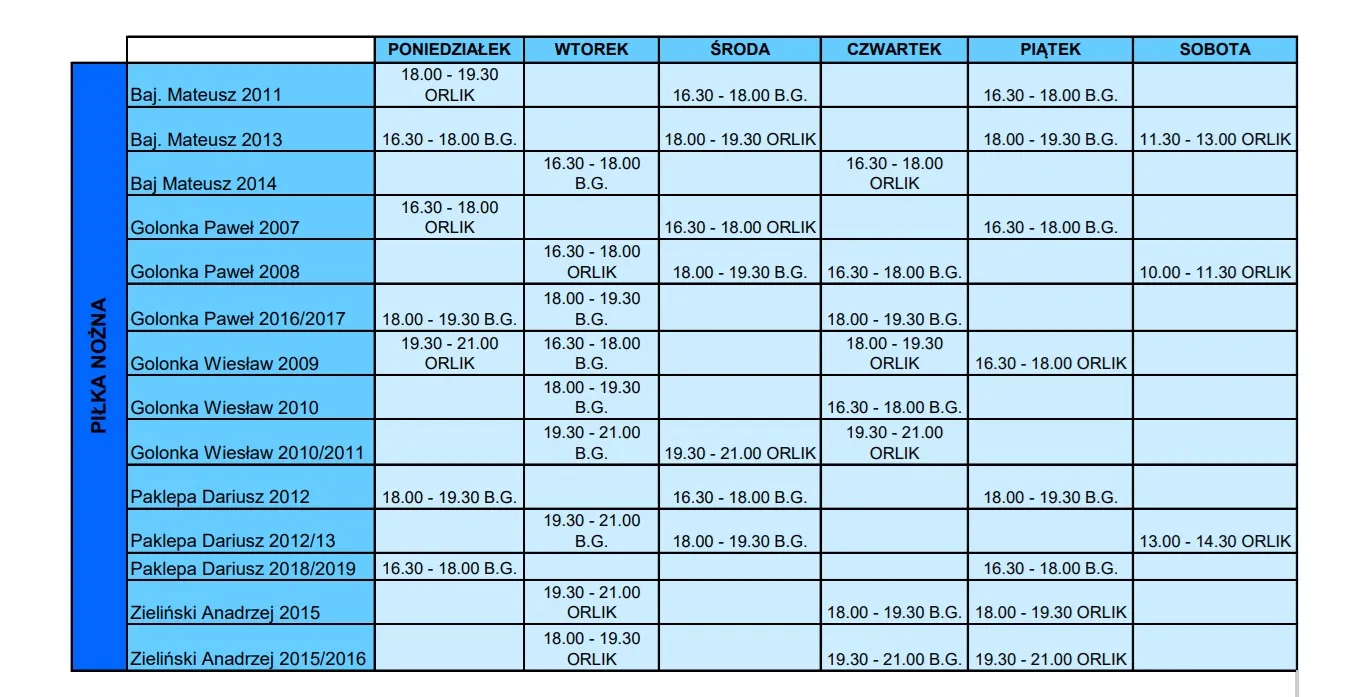 Harmonogram zajęć piłki nożnej