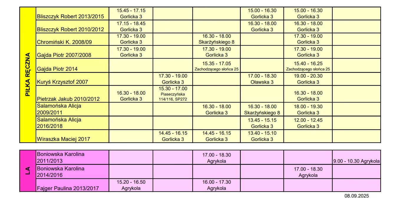 Harmonogram zajęć piłki ręcznej i LA