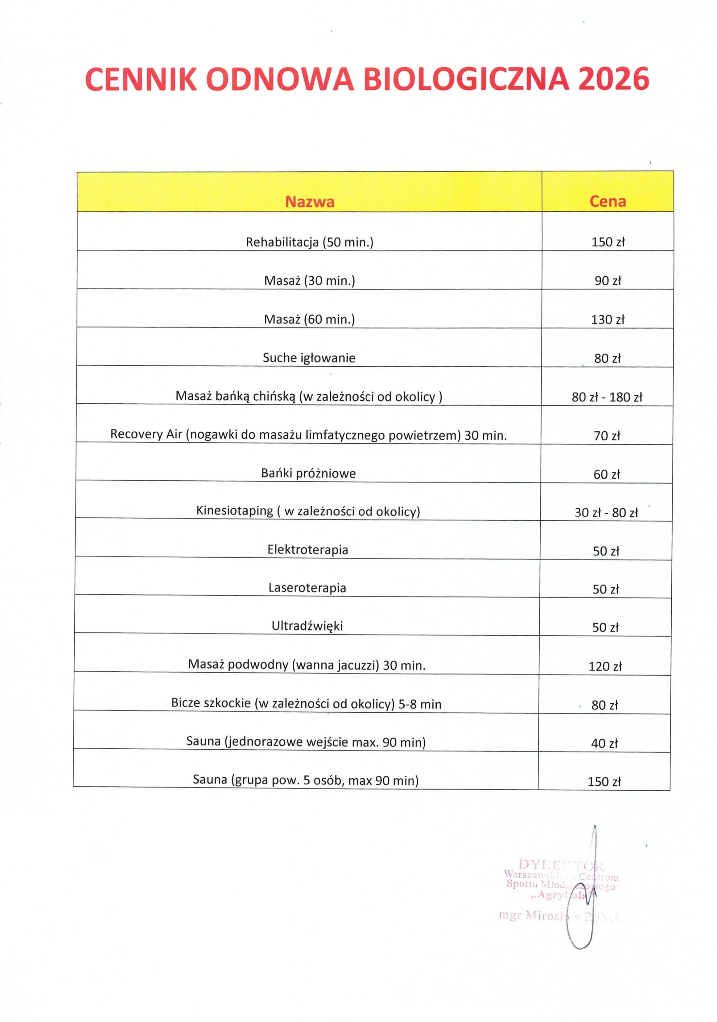 cennik odnowy biologicznej